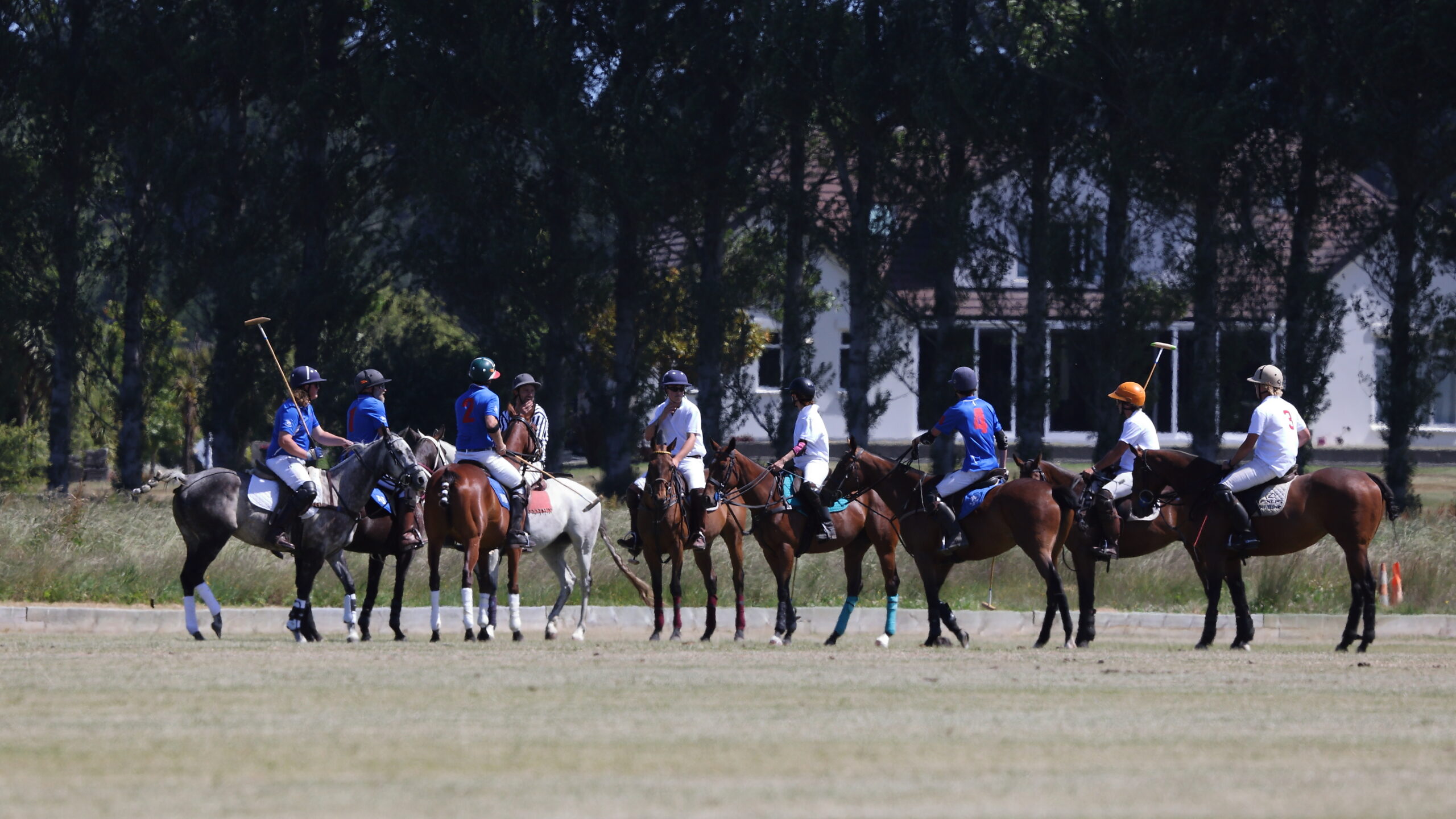 Two teams of polo players and horses on a polo field.